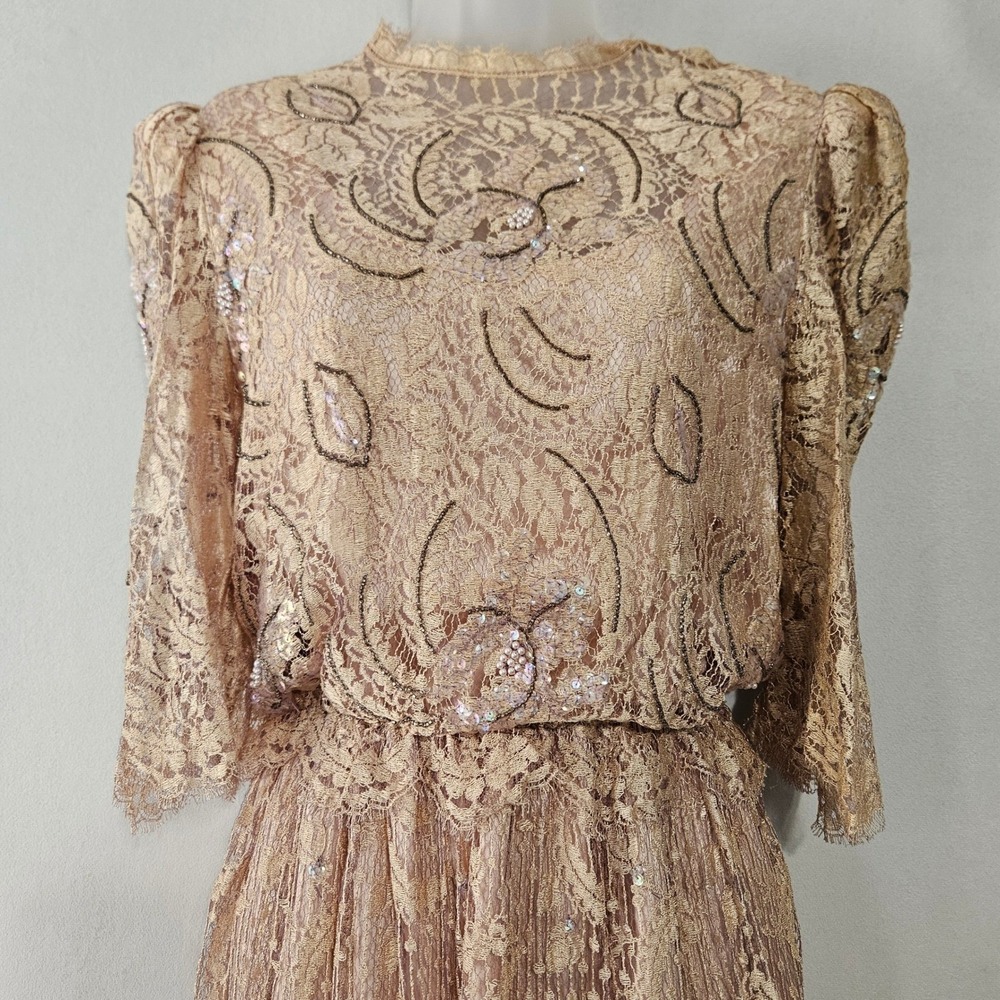 VTG Rina di Montella Lace Midi Dress 10 Champagne Sequin Beaded Cocktail Cottage - Picture 11 of 16
